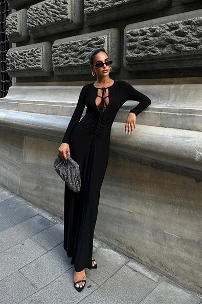 Dekolte ve Bağlama Detaylı Standart Kalıplı Uzun Kollu Uzun Sandy Kadın Elbise Siyah - 5