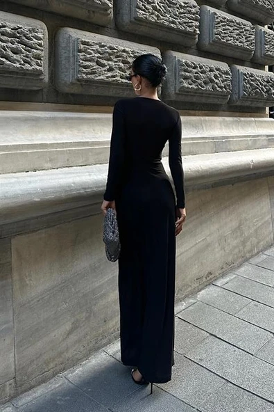 Dekolte ve Bağlama Detaylı Standart Kalıplı Uzun Kollu Uzun Sandy Kadın Elbise Siyah - 4