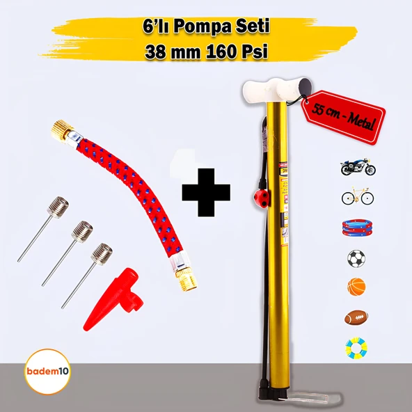 Bisiklet Pompası 6'lı Uç Seti El Tipi Ayak Tutamaklı Metal Borulu Top Lastik Şambrel Şişirme Uçlu