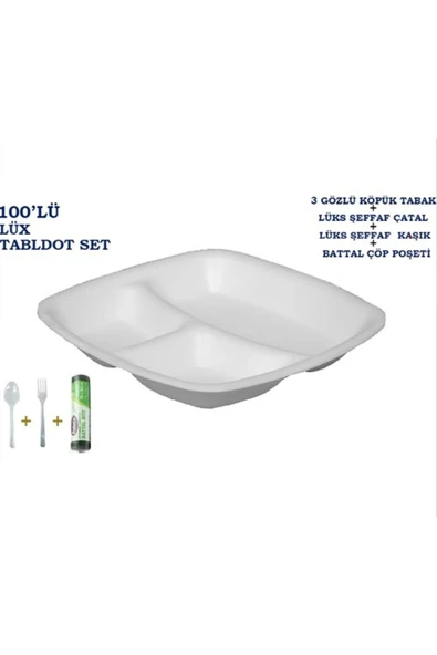 Üç (3)gözlü Tabldot Köpük Tabak + Plastik Çatal + Plastik Kaşık + Çöp Poşeti (100eradet) Piknik Seti