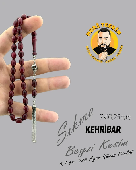 5,1 GR 925 AYAR GÜMÜŞ PÜSKÜL SIKMA KEHRİBAR BEYZİ KESİM 7X10,25