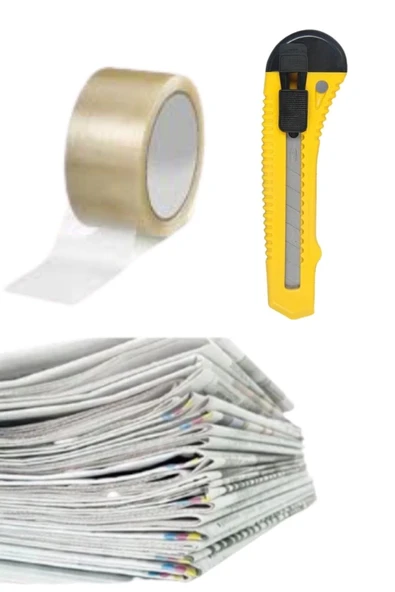 2 Kg Eski Okunmamış Temiz Gazete Kağıdı+100 Mt Koli Bandı+maket Bıçağı Ambalaj Taşınma Seti