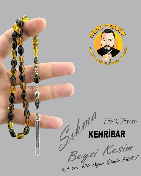 6,4 GR 925 AYAR GÜMÜŞ PÜSKÜL SIKMA KEHRİBAR BEYZİ KESİM 7,50X10,75