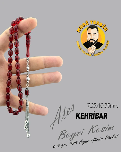 6,4 GR 925 AYAR GÜMÜŞ PÜSKÜL ATEŞ KEHRİBAR BEYZİ KESİM 7,25X10,75