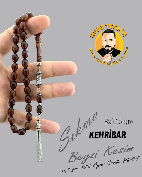6,1 GR 925 AYAR GÜMÜŞ PÜSKÜL SIKMA KEHRİBAR BEYZİ KESİM 8X10,50