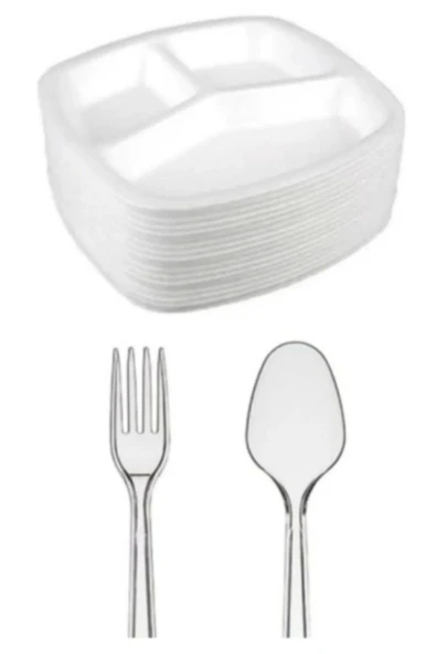 50li Köpük Tabak Tabldot Tabak + 100 Plastik Çatal, 100 Plastik Kaşık Piknik Kullan At