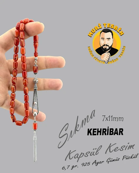 6,7 GR 925 AYAR GÜMÜŞ PÜSKÜL SIKMA KEHRİBAR KAPSÜL KESİM 7X11
