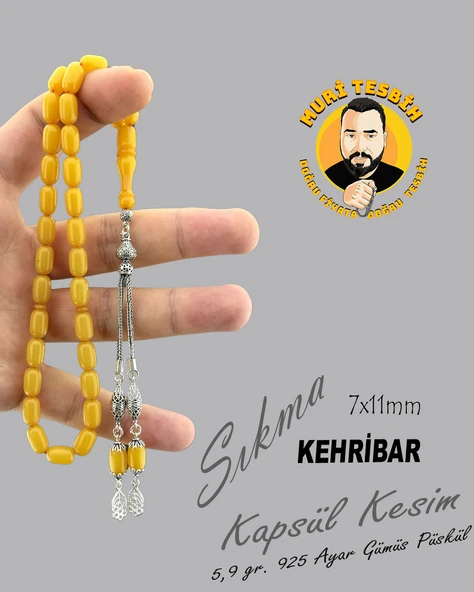 5,9 GR 925 AYAR GÜMÜŞ PÜSKÜL SIKMA KEHRİBAR KAPSÜL KESİM 7X11