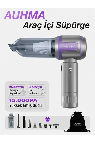 auhma Ahv-09 Kablosuz Taşınabilir Araç Içi El Süpürgesi | 16000pa Güçlü Vakum | 4’ü 1 Arada Çok Amaç