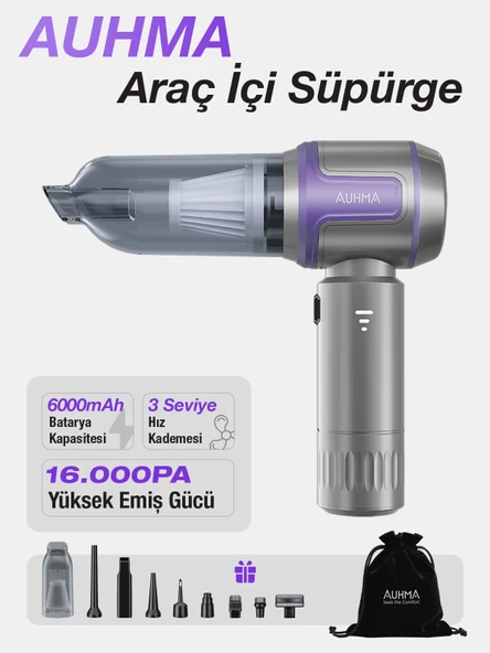 Auhma AHV-09 Kablosuz Taşınabilir Araç İçi El Süpürgesi - 16000PA Güçlü Vakum - 4’ü 1 Arada Çok Amaçlı Temizlik