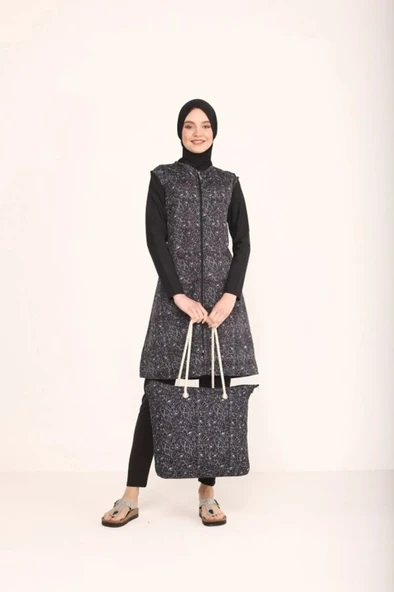 Tesmay 2217  Siyah Dijital Desenli Lycralı Tesettür Mayo - Resim 4