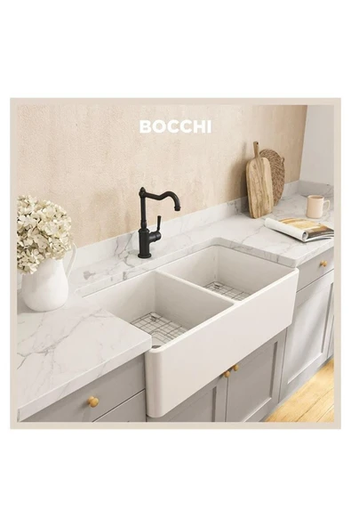 Bocchi Lavello Çift Gözlü Seramik Mutfaf Eviye, 85 Cm, Parlak Beyaz 1139-001-0120-03 - 2