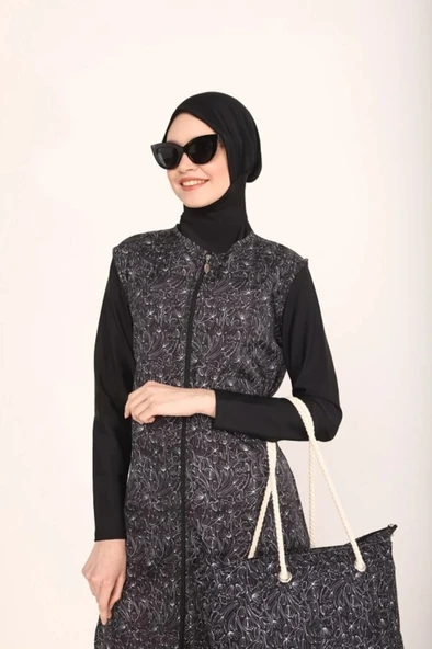 Tesmay 2217  Siyah Dijital Desenli Lycralı Tesettür Mayo - Resim 6