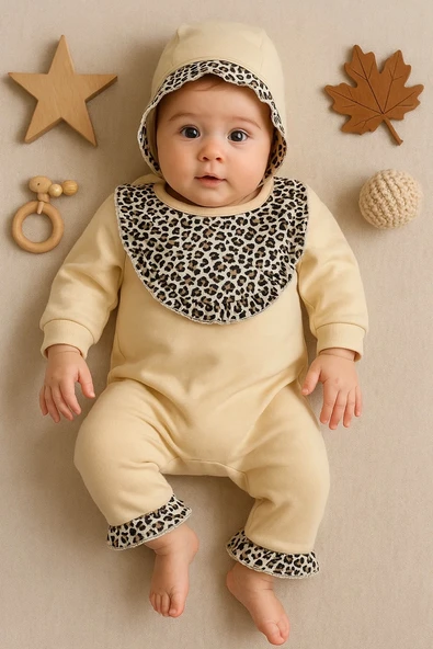 Leopar Detaylı Şapkalı Tulum %100 Pamuk ürün görseli