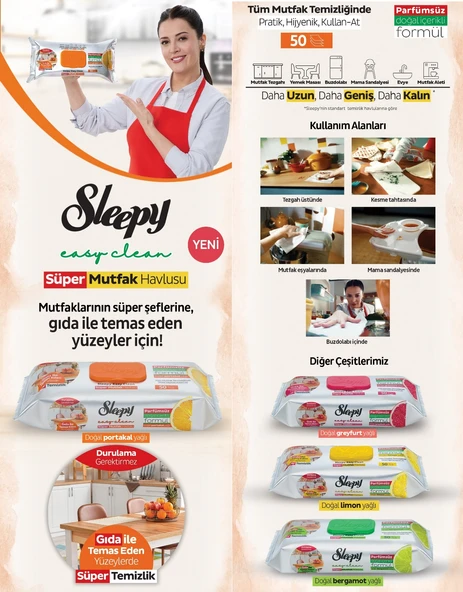 Sleepy Easy Clean Yüzey Temizlik Mutfak Havlusu - Mendili  50 Yaprak Portakal Yağlı Plastik Kapaklı - 6