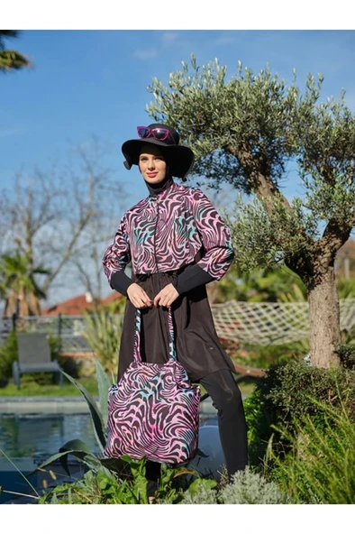 Tesmay 22150 Siyah Dijital Desenli Lycralı Tesettür Mayo - Resim 6