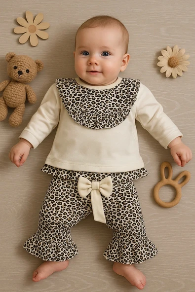 Leopar Detaylı 2'li Kız Bebek Takım %100 Pamuk