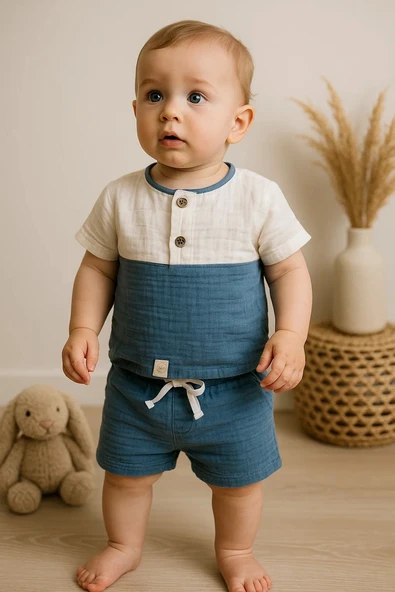 Müslin Şortlu 2' Li Erkek Bebek Takım % 100 Pamuk ürün görseli