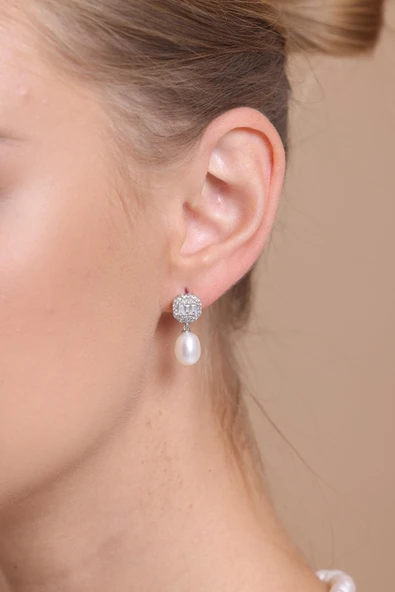 6,5 mm Baget Sekizgen Doğal İnci Sallantı Küpe Kolye İkili Set - 3