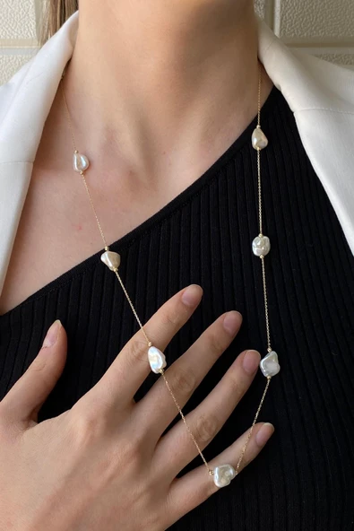 8,5 mm Barok Doğal İnci Zincir Kolye - 5