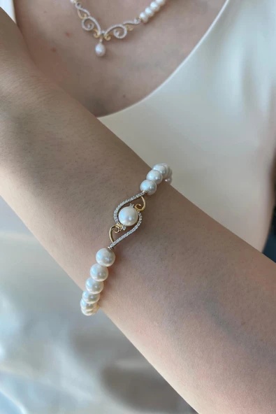 Taşlı Doğal İnci Kolye Bileklik Yüzük Küpe Dörtlü Set - 4