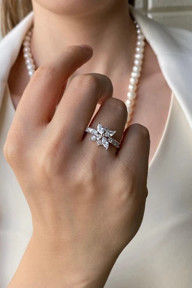 7,5 mm Çiçek Modelli Zirkon Taşlı Doğal İnci Küpe Kolye Bileklik Yüzük Dörtlü Set - 1