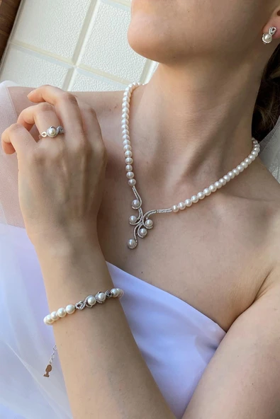 7,5 mm Kadın Zirkon Taşlı Suyolu Doğal İnci Küpe Kolye Bileklik Yüzük Dörtlü Set