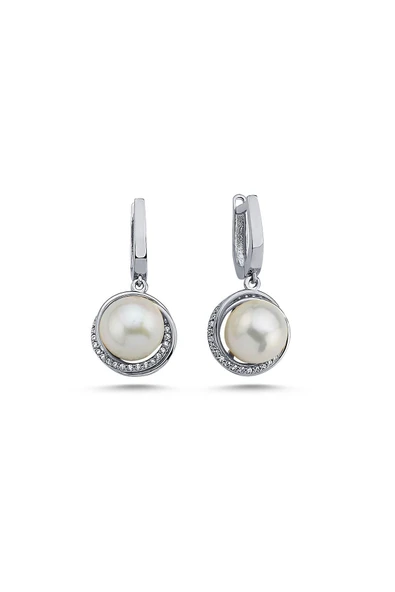 10,5 mm Zirkon Taşlı Doğal İnci Küpe - 4