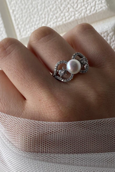 7,5 mm Kadın Çiçek Modelli Zirkon Taşlı Doğal İncili Küpe Kolye Bileklik Yüzük Dörtlü Set - 3