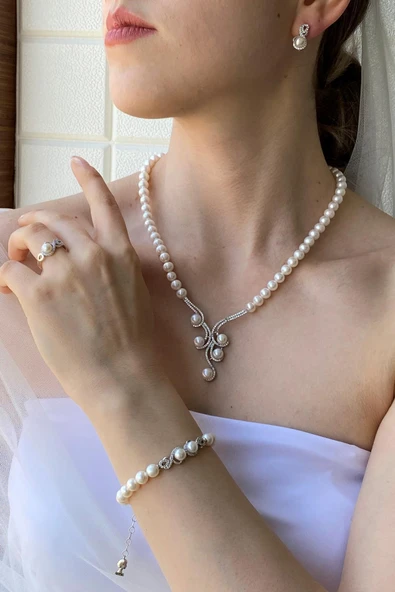 7,5 mm Kadın Zirkon Taşlı Suyolu Doğal İnci Küpe Kolye Bileklik Yüzük Dörtlü Set - Resim 2