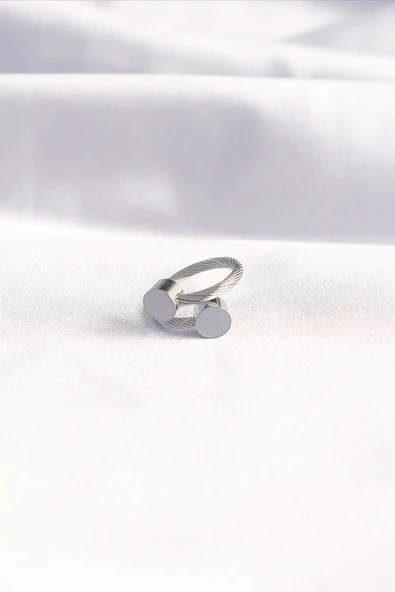 316L Çelik Gümüş Renk Oval Aksesuarlı Burgu Model Bileklik ve Yüzük Kombini - TJ-EB3653 - 3