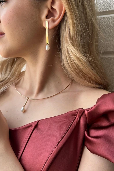 10,5 mm Doğal İnci Choker Küpe Kolye İkili Set - 2