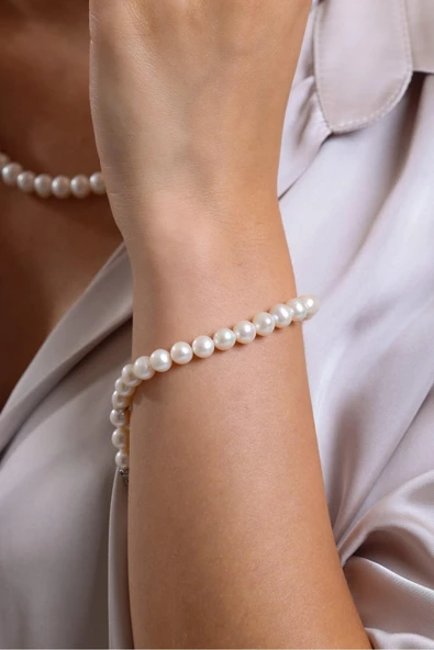 7,5 mm Sıralı Doğal İnci Küpe Kolye Bileklik Üçlü Set - 4