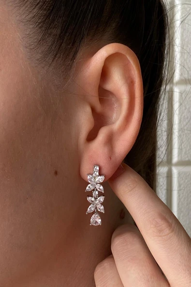 7,5 mm Kadın Çiçek Modelli Zirkon Taşlı Doğal İnci Küpe Kolye Bileklik Yüzük Dörtlü Set - 4