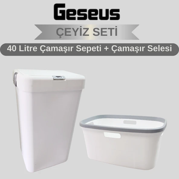 Geseus Motek Tekli 40 Lt Kirli Çamaşır Sepeti+Çamaşır Selesi Ikili Set, Çeyiz Seti Gümüş+Beyaz