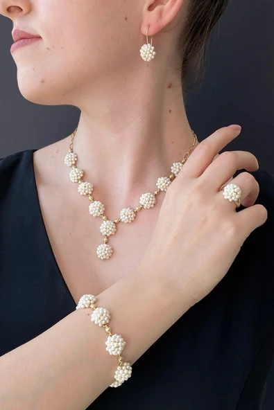2,5 mm Doğal İnci Küpe Kolye Bileklik Yüzük Dörtlü Set - 3