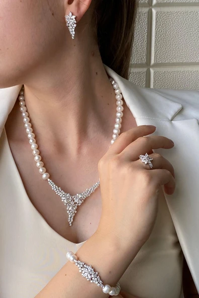 7,5 mm Çiçek Modelli Zirkon Taşlı Doğal İnci Küpe Kolye Bileklik Yüzük Dörtlü Set - 2