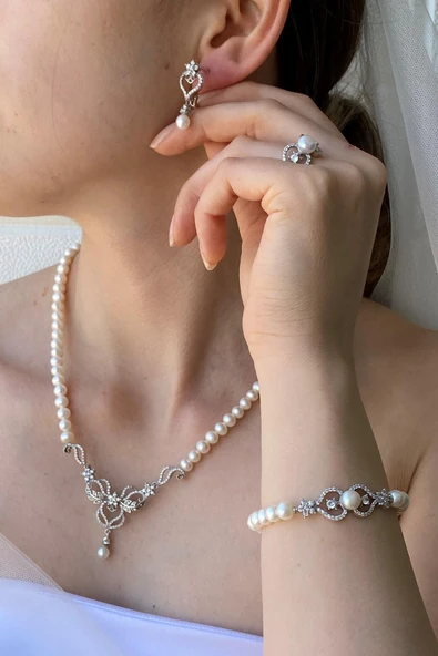 7,5 mm Kadın Çiçek Modelli Zirkon Taşlı Doğal İncili Küpe Kolye Bileklik Yüzük Dörtlü Set - 5
