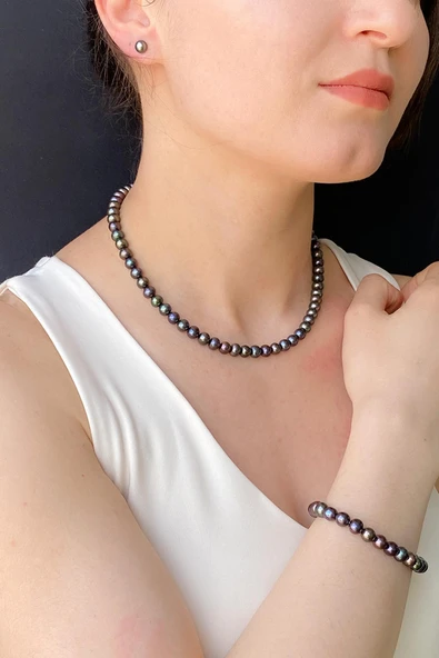 6,5 mm Siyah İnci Küpe Kolye Bileklik Üçlü Set