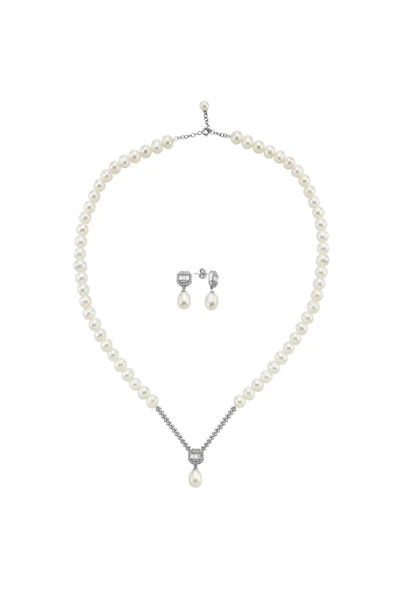 6,5 mm Baget Sekizgen Doğal İnci Sallantı Küpe Kolye İkili Set - 5