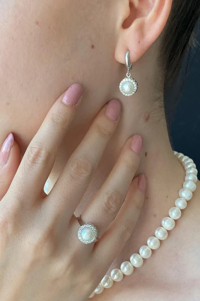 7,5 mm Kadın Yuvarlak Taşlı Doğal İnci Küpe Kolye Yüzük Bileklik Dörtlü Set