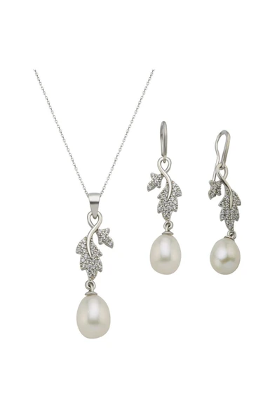 8,5 mm Yaprak Taşlı Doğal İnci Sallantılı Küpe Kolye İkili Set