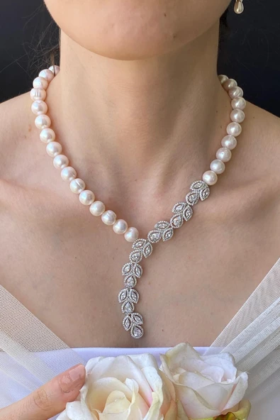 7,5 mmKadın Doğal İnci Küpe Kolye Bileklik Yüzük Dörtlü Set - 4