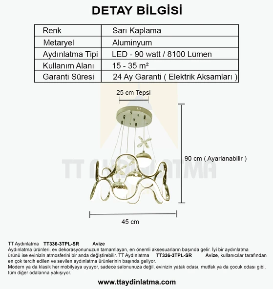 TT Aydınlatma TT336-3TPL-SR  Sarı Kaplama 3 Toplu 3 Renk Modüllü Ledli Avize - Resim 4