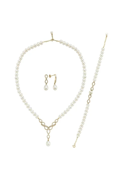 6,5 mm Sonsuzluk Taşlı Doğal İncili Küpe Kolye Bileklik Üçlü Set