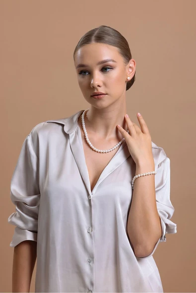 Kadın 7,5 mm Sıralı Doğal İnci Kolye - Resim 2