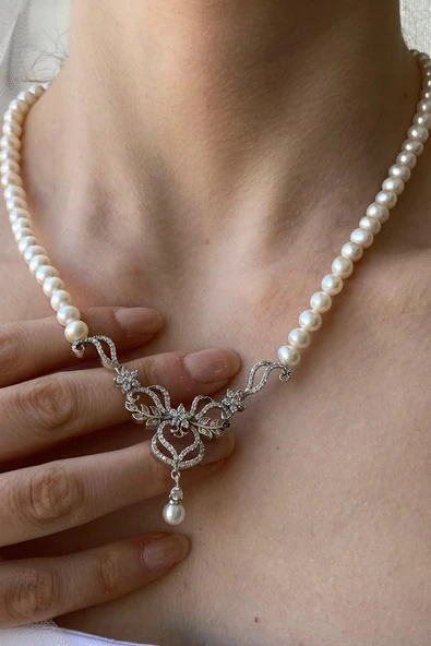 7,5 mm Kadın Çiçek Modelli Zirkon Taşlı Doğal İncili Küpe Kolye Bileklik Yüzük Dörtlü Set - 2