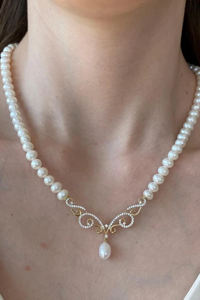 Taşlı Doğal İnci Kolye Bileklik Yüzük Küpe Dörtlü Set - 3