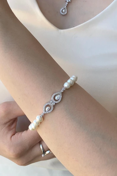 7,5 mm Kadın Damla Zirkon Taşlı Doğal İncili Küpe Kolye Bileklik Yüzük Dörtlü Set - 2