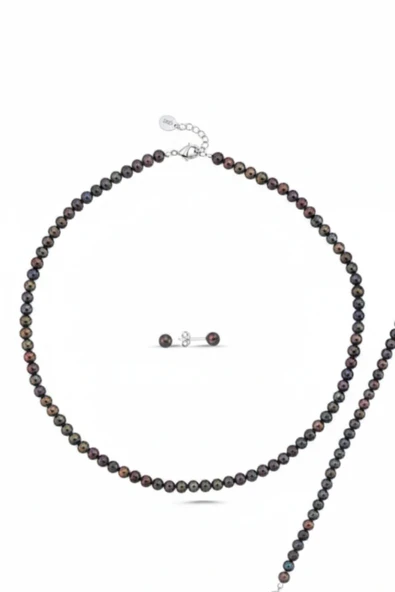 6,5 mm Siyah İnci Küpe Kolye Bileklik Üçlü Set - Resim 6